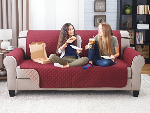 Elaine Karen Premium Reversible Sofa Couch Slipcover Furniture Protector, Quilted, Anti-Slip 2 Inch Strap, Machine Washable, Slip Cover Throw for Pets, Dogs, Cats, Kids,- Burgundy