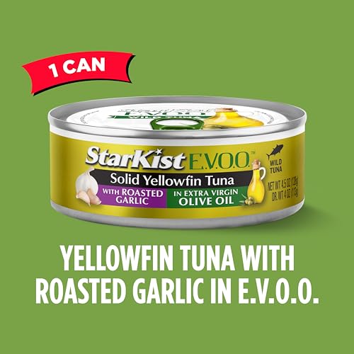 Image of StarKist E.V.O.O. Solid Yellowfin Tuna, Roasted Garlic, 4.5oz Can, 1-Pack | 28g of Protein Per Serving, Features Extra Virgin Olive Oil, Wild Caught Tuna, Gluten Free, Soy Free, Omega 3s