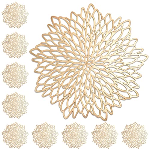 10-Pack Of Gold Vinyl Placemats In Leaf Design For Dining Table Decoration, Wedding Centerpiece, Round Charger Plates And Placemats For Home Decor (14.4 Inches) #TOP7