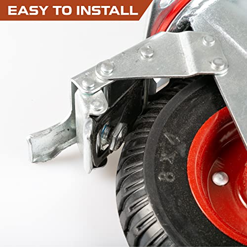 Iron Forge Tools Heavy Duty Swivel Knobby Caster, 7-7/8" Diameter, Set Of 4 Flat-Free Solid Rubber Knobby Tread Caster Wheels With Swiveling Bases, 8 Inch Two Casters With Brakes And Two Without #TOP5