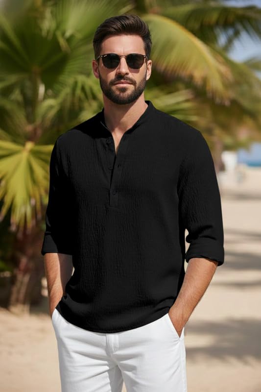 Image of Men's Cotton Blend Short Kurta with Collared Neck Full Sleeves Solid Pattern Western Style Regular Fit and Standard Length