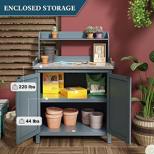 Outdoor-Potting-Bench-Table-Wooden-Gardening-Table-with-Metal-Tabletop-and-Storage-Cabinet-Planting-Table-Garden-Work-Bench-for-Garden-Patio-Greenhouse Outdoor Potting Bench Table Wooden Gardening Table with Metal Tabletop and Storage Cabinet Planting Table Garden Work Bench for Garden Patio Greenhouse