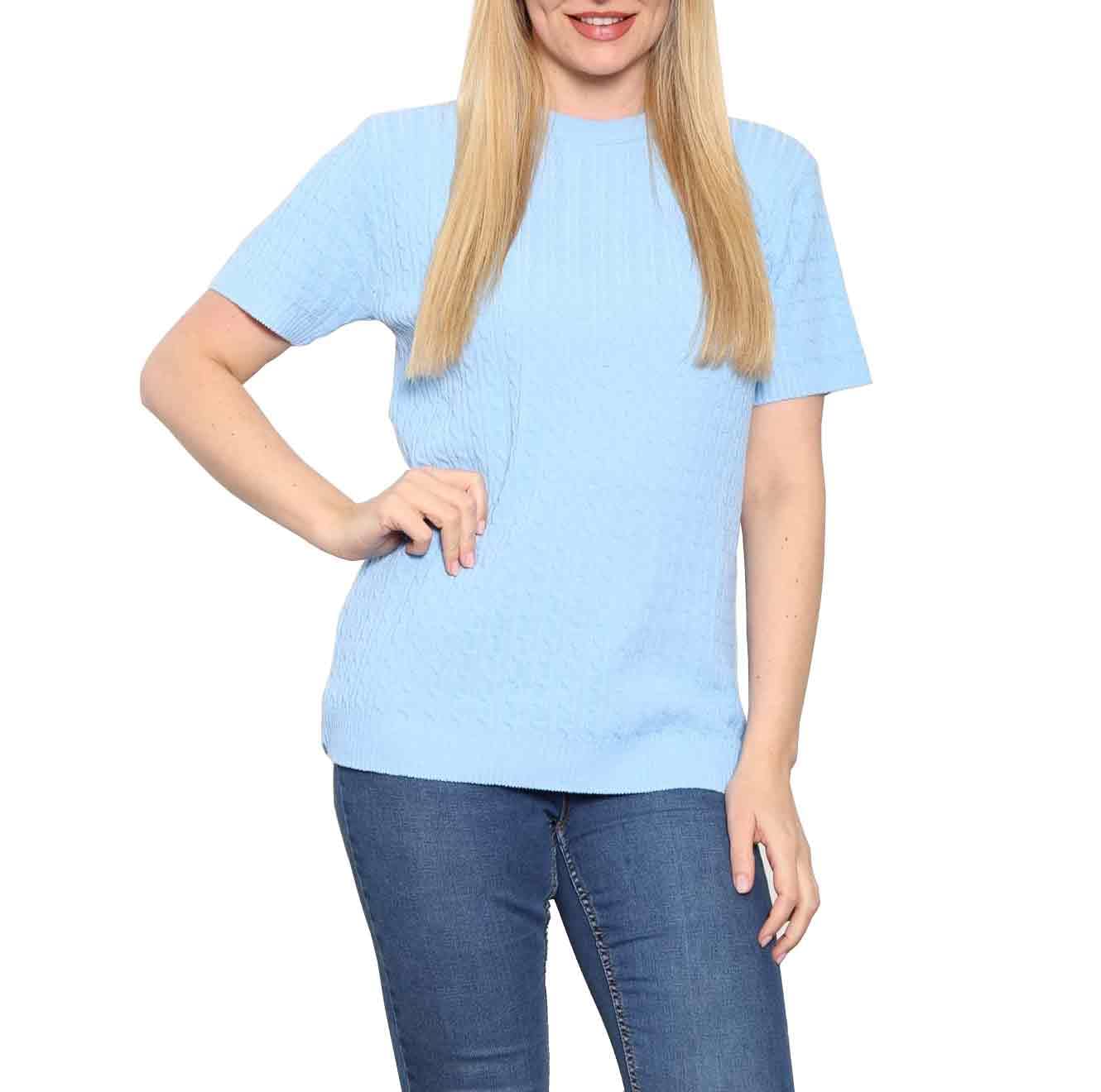 Fairy Trendz Women's Sky Blue Soft Smooth Cable Knitted Short Sleeves Jumper Knitwear Half Sleeves Round Neck Sweater Pullover Blouse Top