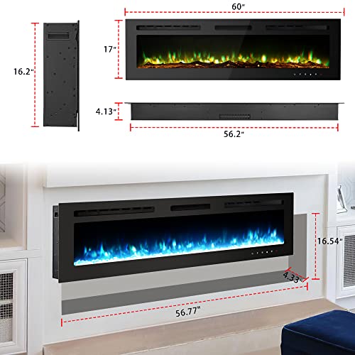 60 Inch Electric Fireplace Inserts, Wall Mounted Fireplace, Recessed Electric Fireplace, Wall Fireplace Electric With Remote Control, Indoor Electric Fireplace, Linear Fireplace, 750/1500W #TOP5