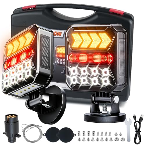 12/24V Solar Wireless Trailer Lights Magnetic Bluetooth LED Trailer Rear Lights Set 7 Pin Plug & USB-C IPX6 Waterproof Rear Tail Lights with Dual Steel Cables for Trailer/Lorry/Caravan Truck