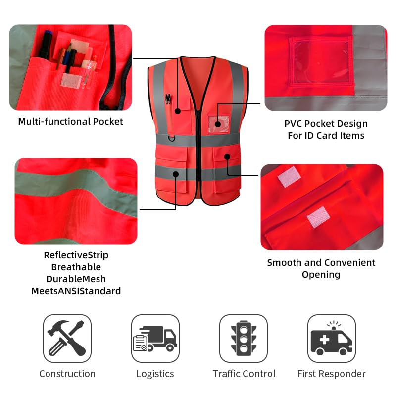 Image of High Visibility Safety Vest with Reflective Strips & Pockets | High Visibility | 360 Reflective Strips | 5 Pockets | Zipper Front | Lightweight Polyester | ANSI /ISEA 107 Class 2 Type R