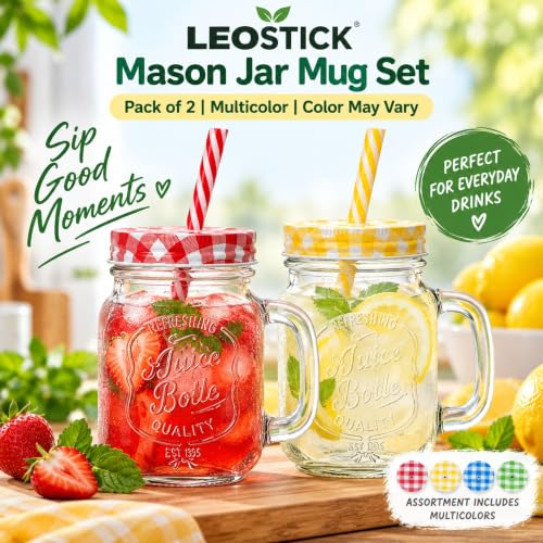 Image of LEOSTICK Glass Mason Jar with Lid & Straw, Transparent 250ml, Set of 2