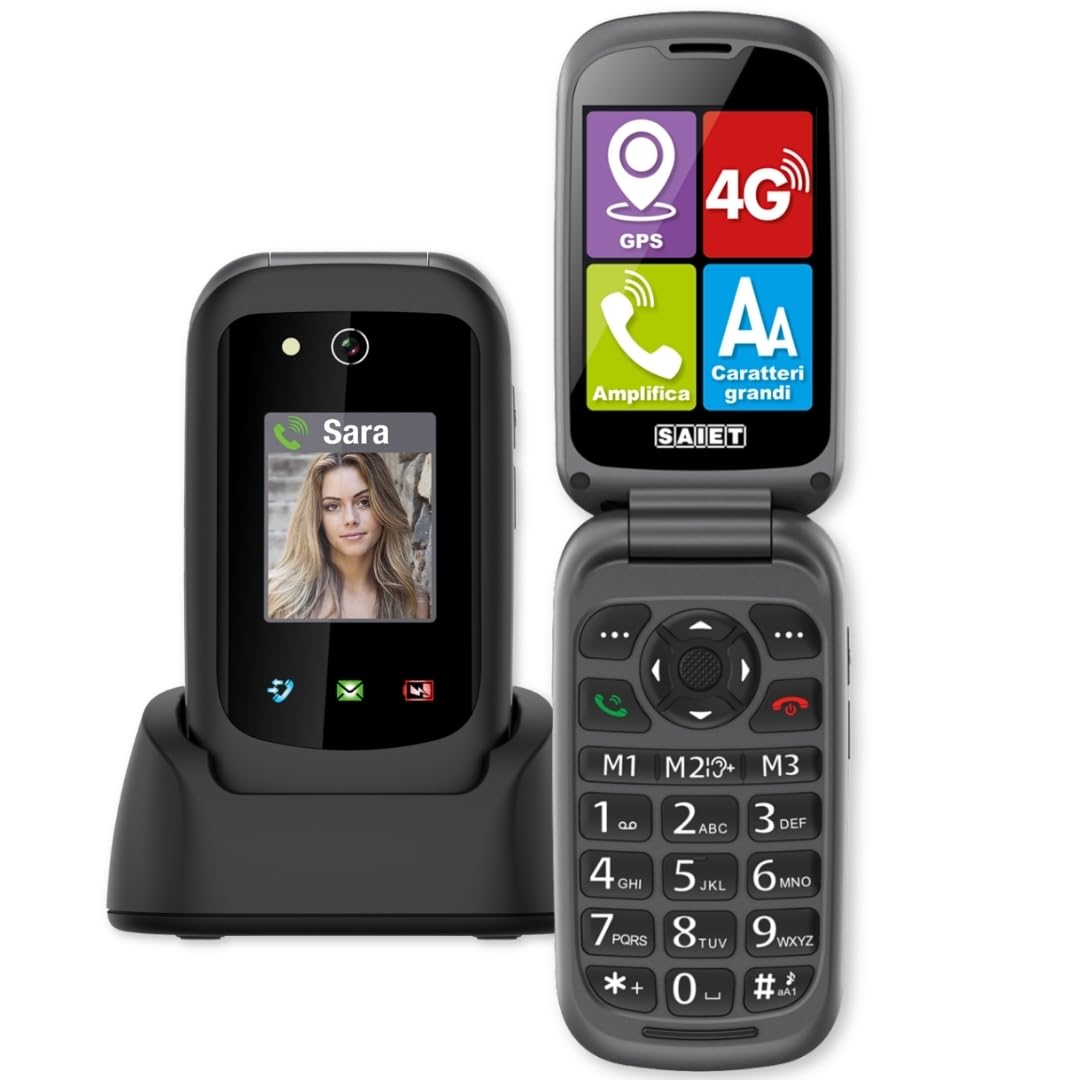 SAIET Prime GPS Cellulare per Anziani 4G con Tasto SOS, Localizzazione GPS | Telefono con Doppio Display e Audio Potenziato, Base di Ricarica e Torcia LED, Facile da Usare, Sicuro e Affidabile - Nero