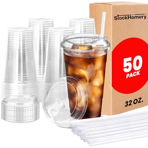 StockHomery 32 oz Clear Plastic Cups With Lids & Straws Thick, Reusable, Disposable Iced Coffee Cups for Smoothies, Beer & Any Beverages for Parties, (32 OZ)