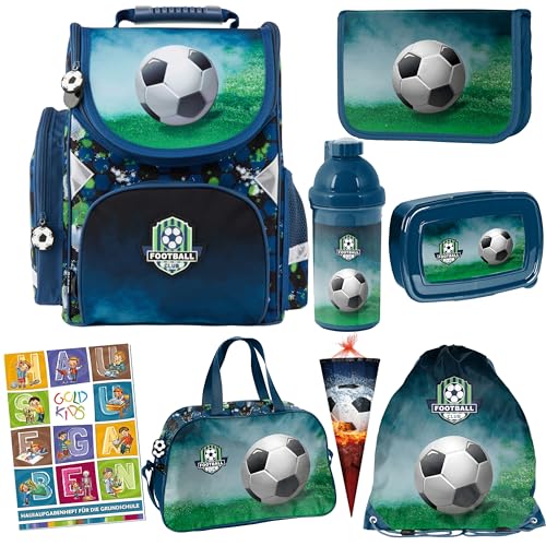 Goldkids - Schulranzen für Jungen, 8er-Set - Schul-Rucksack für Kinder mit Federmäppchen - Schuhbeutel und Hausaufgabenheft - Fußball Motiv - 1-3 Klasse