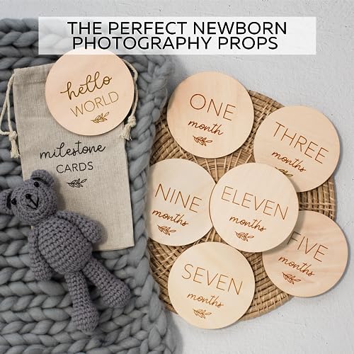 Beautiful Baby Monthly Milestone Cards - The Perfect Wooden Discs for Adorable Milestone Pictures of Your Newborn Boy/Girl - 7 Reversible Circles incl. Announcement & Hello World Sign Are A Great Gift
