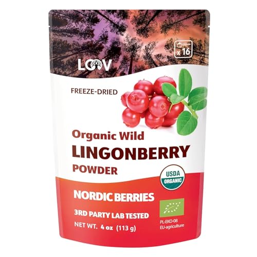 Polvo de arándano rojo silvestre escandinavo (lingonberry) orgánico LOOV, con arándanos 100% orgánicos liofilizados, recolectados en bosques del norte de Europa, 113 g, sin azúcar añadido