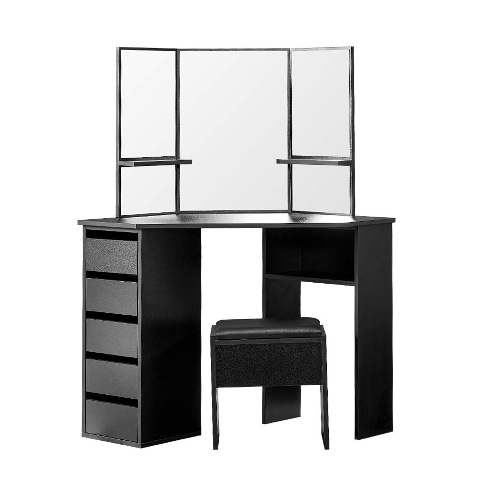 BOJU Black Corner Makeup Vanity Table Tri Flip Mirror Dressing Table