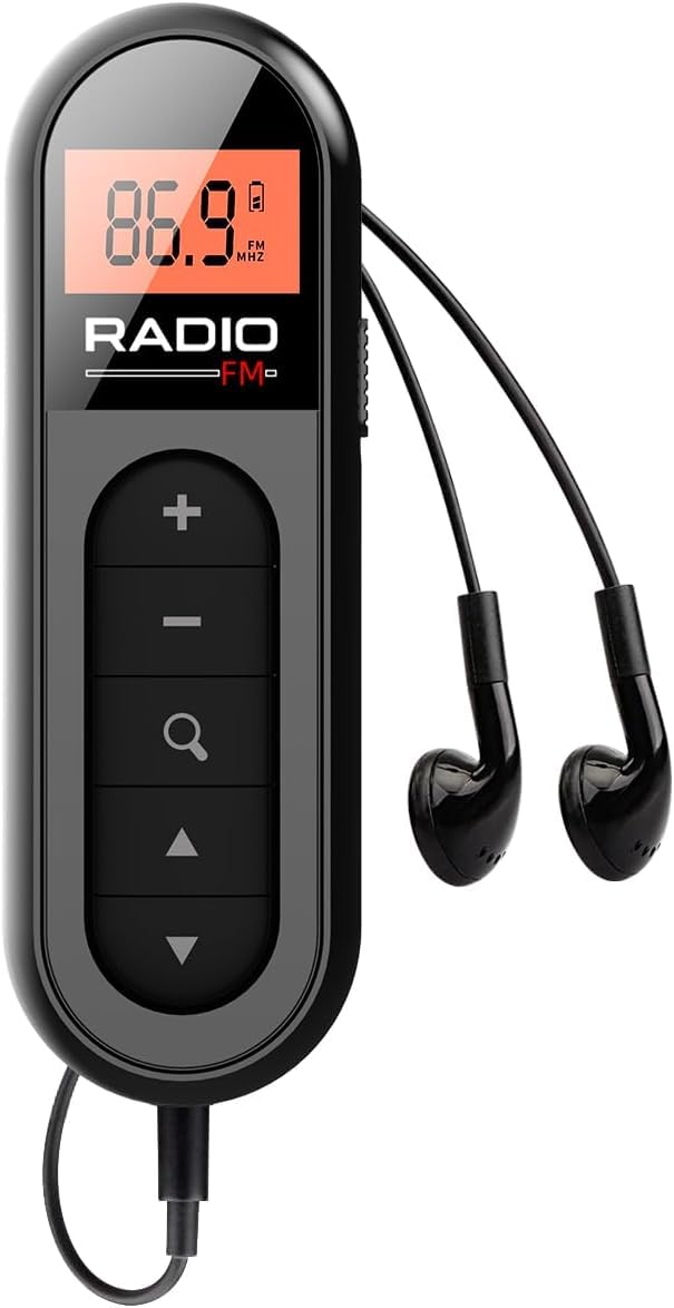 Cason Small FM Radio/Pocket Mini Radio with Earphones,USB Rechargeable Portable Transistor Radio,Digital Tuning,LCD Screen,Stereo Sound, Belt Clip for Gym,Walking(Black)