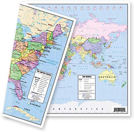US and World Desk Map (13" x 18" Laminated) for Students, Home or Classroom Use by Lighthouse Geographics