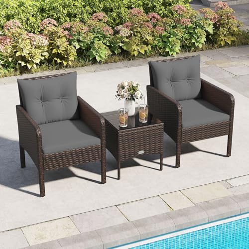 Image of Tangkula 3 Pieces Patio PE Wicker Furniture Set, Outdoor Bistro Conversation Set with Cushions and Tempered Glass Coffee Table, Outside Rattan Table and Chairs for Porch (Gray)
