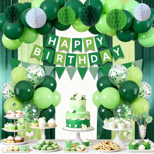 Green Happy Birthday Banner Decorations With Paper Flag 2 Rolls Streamers and 32 Colorful Balloons 6 Honeycomb Ball Birthday Party Supplies for Women Men Boys Girls (Green)