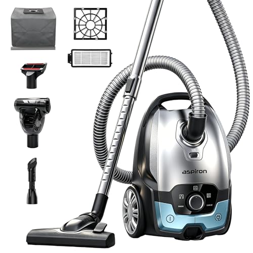 Image of Aspiron Canister Vacuum Cleaner,1700W 45KPA Bagged Canister Vacuum,6QT Large Capacity,HEPA Filter,Auto Cord Rewind,Low Noise,Variable Power Control,8M Cleaning Radius for Hard Floor,Pet Hair,Carpet