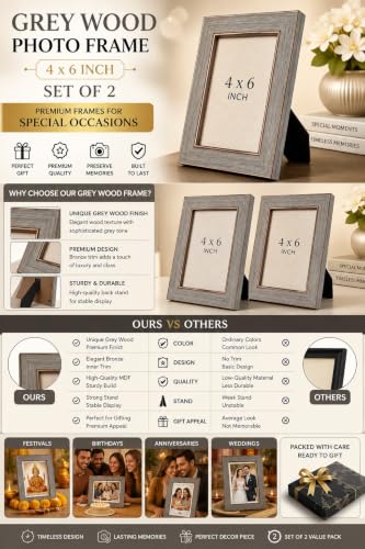 Image of 4x6 Inch Photo Frame Set of 2 - Acrylic Front Table Top Photo Frames with Stand, Dual Orientation Portrait & Landscape Display for Home Office Decor (grey wood)