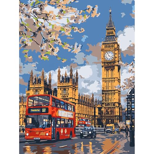KEYIFA Peinture par Numéros pour Adulte, Rue de Londres Kits de Peinture au Numéro avec Canevas Acrylique et Pinceaux, DIY Creatif Toile Kits Paint by Numbers,...