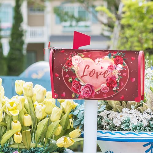 Image of Valentine's Day Mailbox Covers Magnetic Standard Size 18 X 21 Inch Red Love Hearts Magnetic Mailbox Cover Floral Mailbox Wraps Post Box Cover Decoration Outdoor Garden Home Yard Outside
