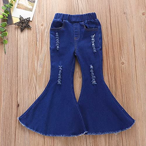 Toddler Girls Ripped Flared Jeans Kids Casual Elastic Waist Frayed Hem Pants Bell Bottom Pants (Blue, 18-24 Months)2
