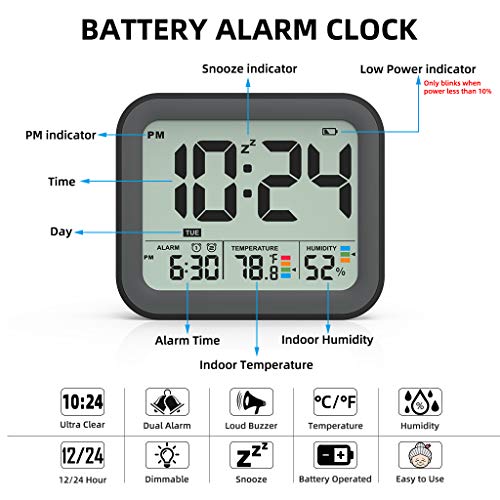 Battery Operated Digital Alarm Clock, Dual Smart Alarm with Workdays/Weekends Setting, Loud Alarm, Snooze, Small Travel Clock with Indoor Thermometer/Hygrometer, Dimmable LED Backlight, Handheld Size - Thumbnail 2