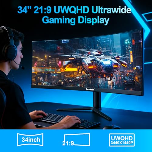 Gawfolk 34 Zoll Ultrawide Curved Gaming Monitor 165Hz, 3800R UWQHD PC Bildschirm mit Lautsprecher, Gebogenes Computerbildschirm mit Höhenverstellbarer und Pip/PBP, DP, HDMI, VESA 100 * 100MM 3