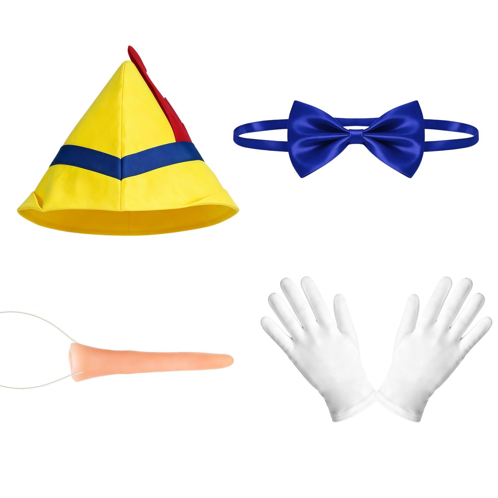 XNHIU 4 Pieces Pinocchio Fancy Dress Costume Blue Bowtie Hat Long Nose White Gloves Character Cosplay Storybook Outfits for Dress Up Party