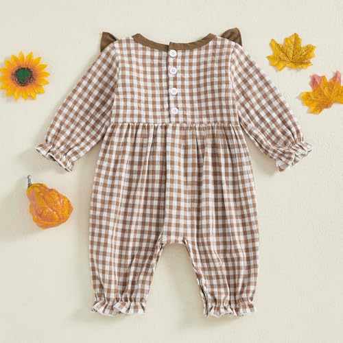 Newborn Baby Girl Thanksgiving Turkey Smocked Gingham Romper Long Sleeve Ruffle Plaid Jumpsuit One Piece Outfit3