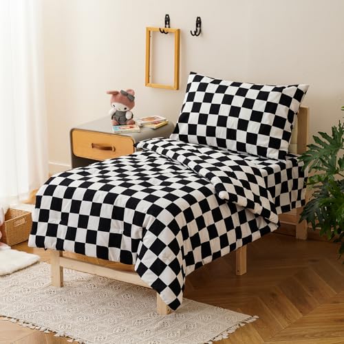 Image of Luxlovery Toddler Comforter Set Checkered Plaid Black White Kids Boho Bedding Set Bed Set for Dorm 4 Pieces (1 Comforter, 1 Flat Sheet, 1 Fitted Sheet, 1 Pillowcase)