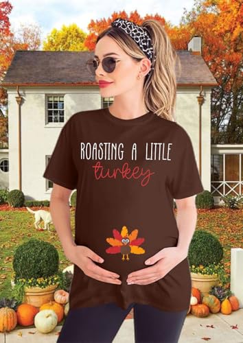 FASHGL Thanksgiving Pregnancy Shirt Women Funny Roasting a Little Turkey T-Shirt Cute Pregnancy Announcement Tee Tops3
