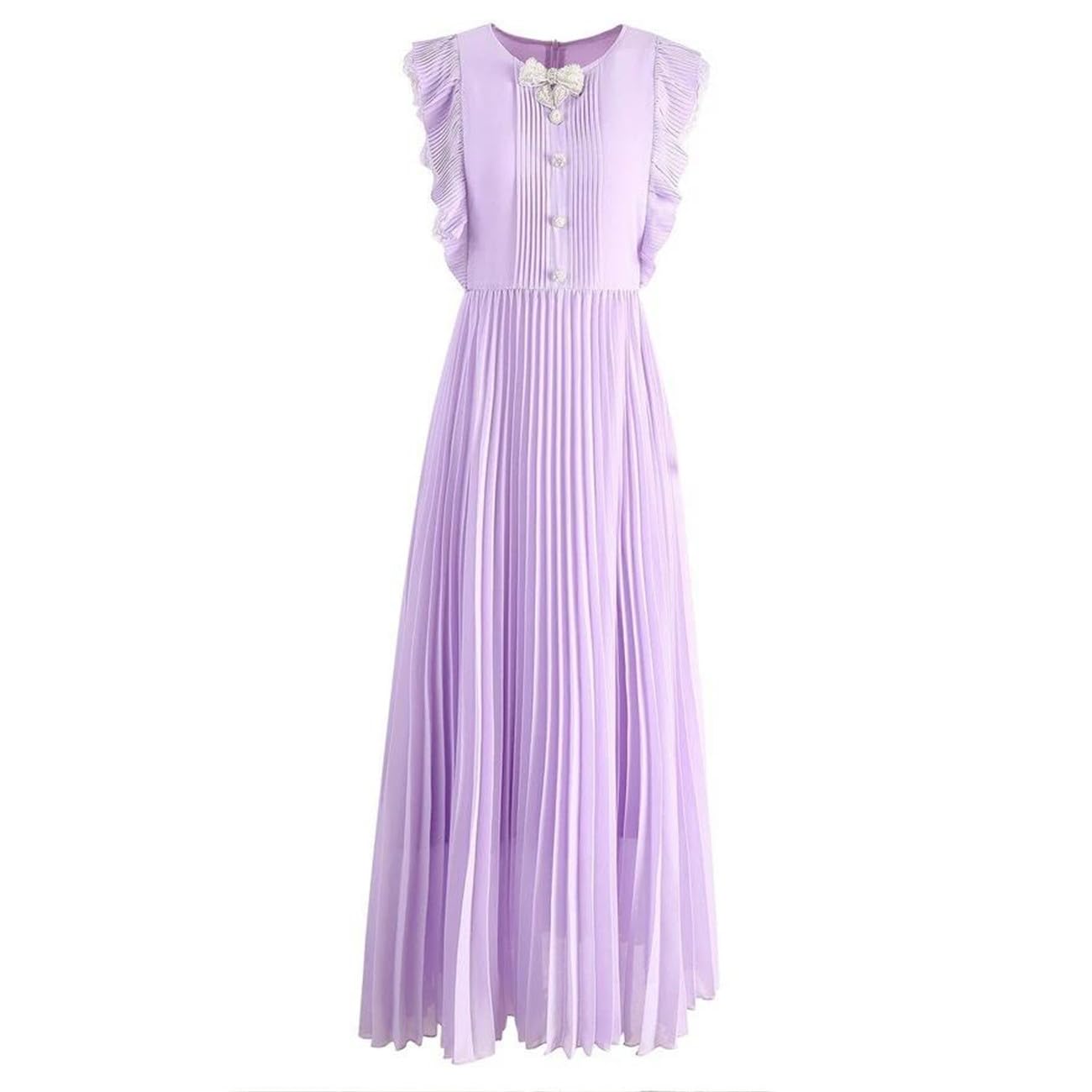 Yeuyyben Abito lungo da donna in chiffon plissettato, con fiocco, colore viola, per vacanze estive e feste