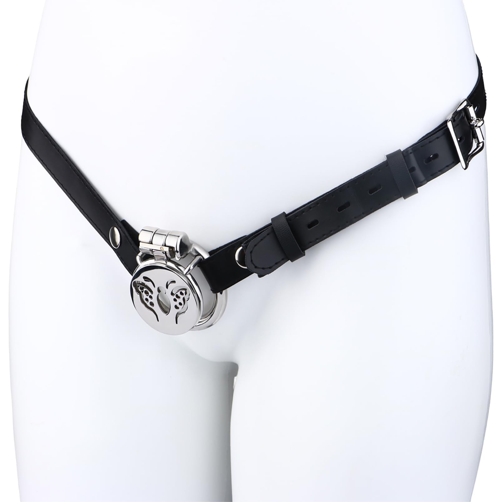 Jaula de castidad de acero inoxidable con diseño de mariposa para hombres con cerradura oculta y anillo base, dispositivo de castidad masculino de placa plana (45mm+Belt)