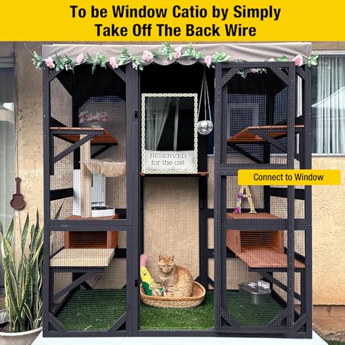 Image of Cat House Window Outdoor Catio Cat Enclosures with 7 Platforms, 2 Resting Boxes Large Kitty House with Weatherproof Tarp Roof, 62.6 inch L x 32.9 inch W x 70.1 inch H Brown