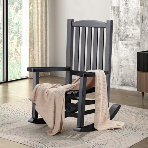 Hupmad Wooden Oversized Porch Rocker Chair, Outdoor Patio Rocker with High Back and Armrest, All Weather Slatted for Backyard, Garden, 400 lbs Support, Black