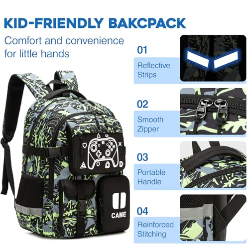 Game Kids Backpack Set, Large Boys Backpack with Lunch Bag & Pencil Case, Waterproof School Backpacks With USB Charging Port, Luminous Camo Bookbags Fits 15.6" Laptop For Boy Age 6-18, Green4