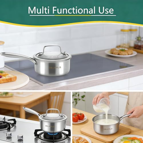 Image of DELARLO Tri-Ply Stainless Steel Induction Saucepan, 1.5 QT with Lid, All Stove Compatible 600, Small Pots for Cooking, Heavy Duty Saucier, Dishwasher Safe