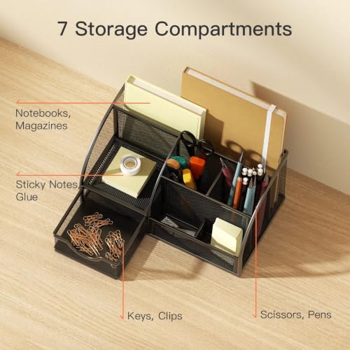 Image of Pratyush Metal Desk Organizer | 6-Compartment Storage Caddy Holder with Drawer | Keeps Pens, Scissors and Stationery Storage Tidy for Home, Office, Study Table and WFH Desk Setup (Black)
