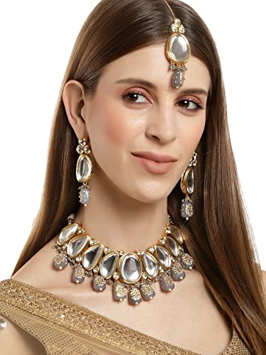 Karatcart Grey Tumble Studded Polki Kundan Choker Necklace Set For Women - Image 3