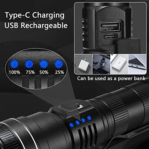 Rechargeable Flashlight Torch with 2 x 18650 Battery, 12000 Lumens XPH90 Flashlight, 5 Modes Flash Light LED Torch with Power Bank, Waterproof Tactical Flashlight for Emergencies Outdoor Camping