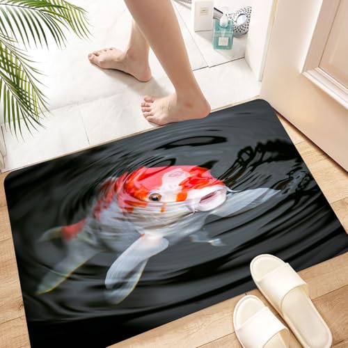HKPOEQ Alfombra de Baño Antideslizante 60x90 cm, Rojo japonés Koi Carpa en Estanque Amoníaco Amonio Cría Carbohidratos Cultiv,Microfibra Súper Absorbente y Suave, Alfombrilla Lavable y Ducha o Bañera