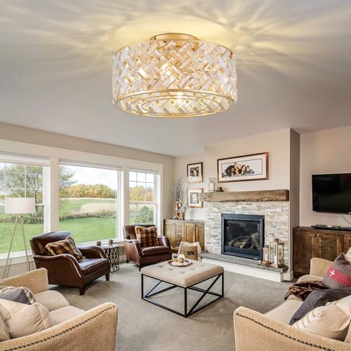 Image of 18 Inch Caged Ceiling Fans with Lights, Low Profile Crystal Fandelier Ceiling Fan with Lights and Remote & App Control for Low Ceilings Flush Mount Installation Indoor, Bulb Included Gold