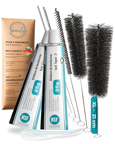 fancility® 50 g grasa de silicona para cafeteras y grifería + 5 cepillos XL 21 cm, para juntas tóricas, sellos y grupo de infusión