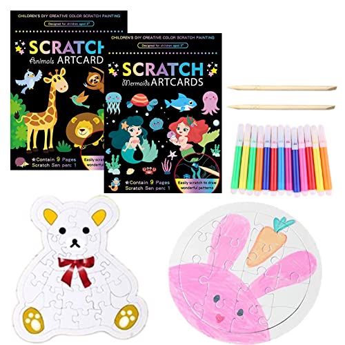 2 Piezas Scratch Art para Niños, 2 Piezas Puzzles de Cartó,12 Piezas Acuarela Pinceles, Regalos y Manualidades para Niños Juguetes (Kit Creativo) Cover