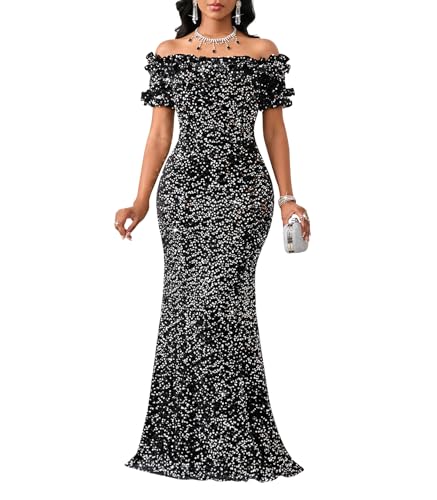 Image of dasmzper Women Sexy Sequin Off Shoulder Ruffle Short Sleeve Bodycon Mermaid Party Formal Evening Maxi Dress