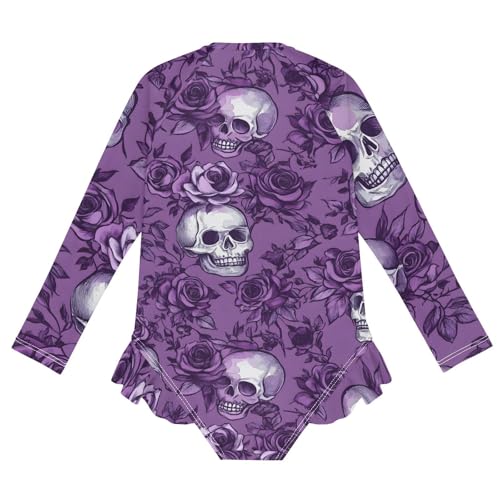 Girls One Piece Swimsuits Long Sleeve Swimsuit Zipper Bathing Suits Purple Rose Skull Skeleton2