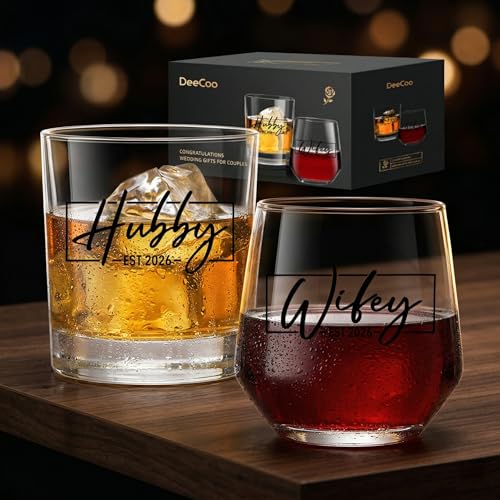 DeeCoo His & Hers Wine and Whiskey Glass Set: Unique Wedding Gift for Couples, Mr & Mrs, Bride & Groom Hubby & Wifey (2026 Newlywed & Bridal Shower Gift, Crystal Glass)