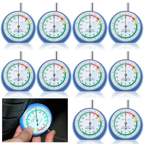 Image of Tallew 10 Pack Tire Tread Depth Gauge in 32nds Dial Type Tire Depth Gauge with Color Coded Easy Reading Bulk Tire Tread Gauge Professional Tool for Motorcycle Car Truck Bus, Blue and White