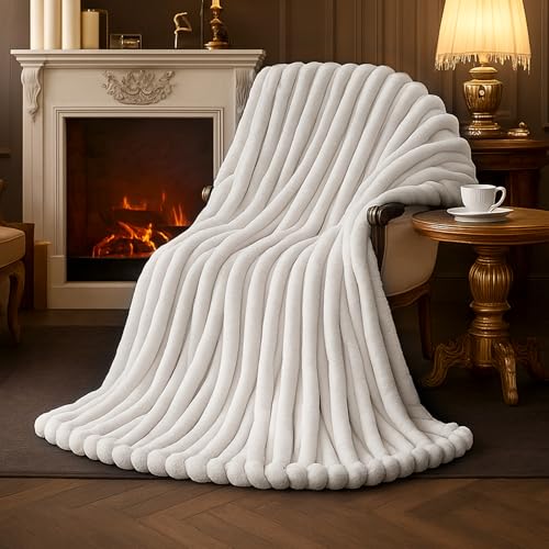 Amélie Home Faux Fur Throw Blanket for Couch, Cozy Fuzzy Fluffy Fur Luxurious Soft Striped Plush Gift Blankets for Family Sofa Chair Bedroom, 55'x70', Ivory